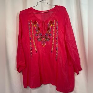 Johnny Was Floral Embroidered 3/4 Sleeve Bright Pink Boho Tunic Top plus sz 1X